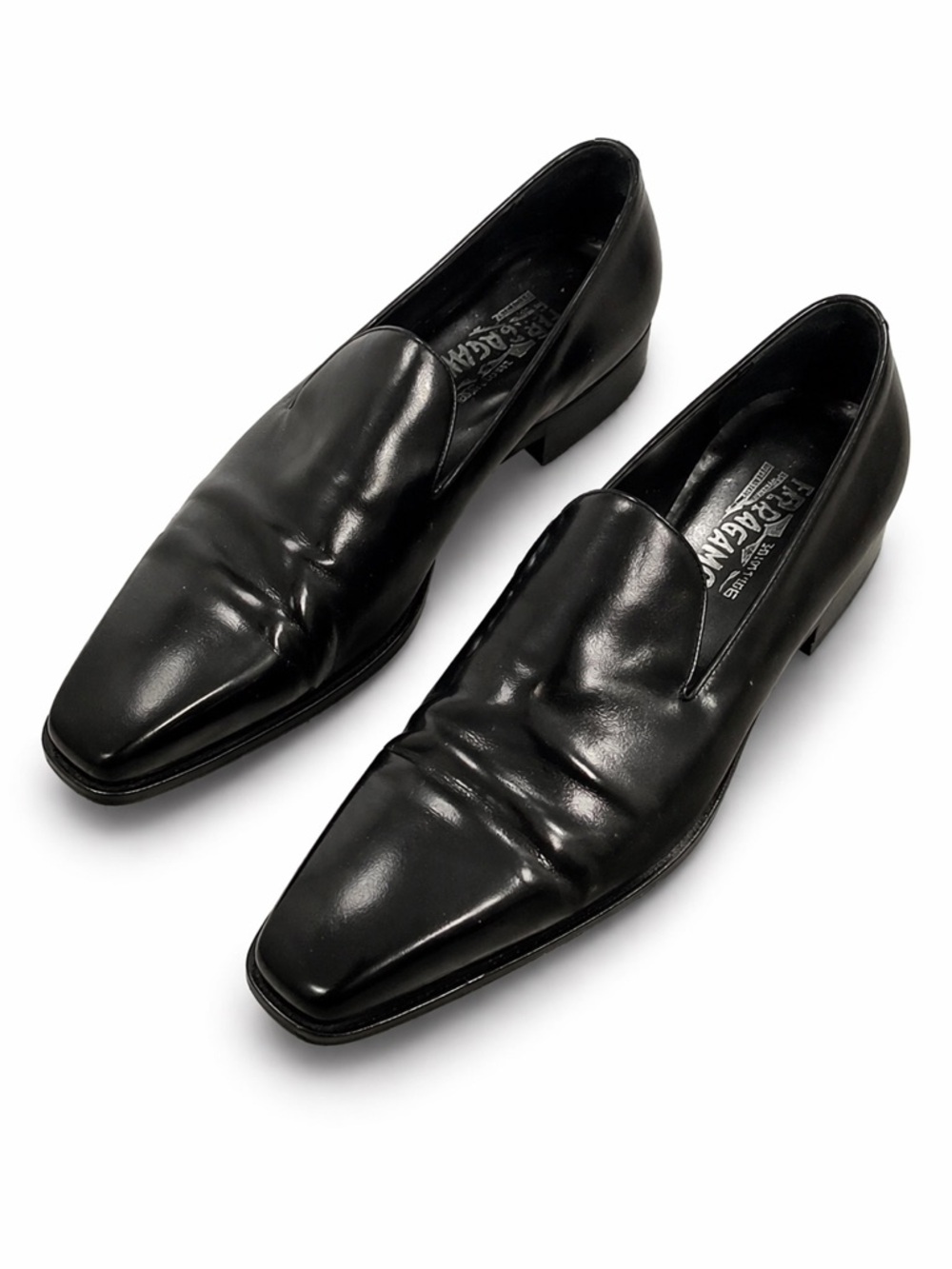 Salvatore Ferragamo Black Leather Square-Toe Slip-Ons
